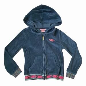 Y2K Girls Navy Blue Velour Juicy Jacket With Sparkle Details & Embroidery Size 7